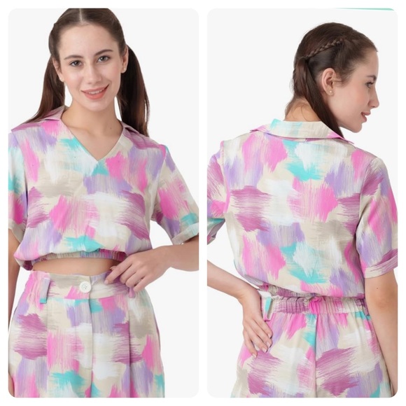 Zink London Multicolor Abstract Crop V-Neck Button-Up Blouse Women’s Size XS - Picture 10 of 10